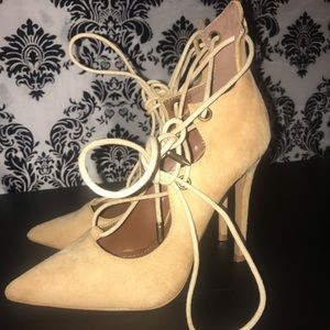 SUEDE NUDE LACE UP HEELS